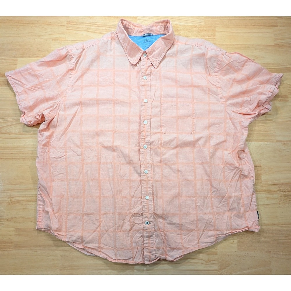 IZOD Saltwater Relaxed Classics Peach Grid Short Sleeve Button Down Shirt 3XL